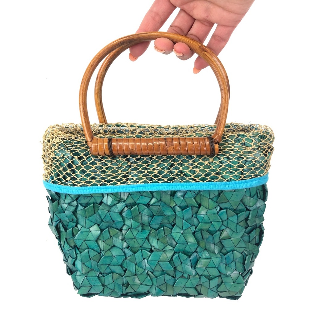 Handcrafted Thai Vintage Braided Straw and Bamboo Mini Handbag in Turquoise